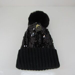 L.L.K Black Sequined Knit Beanie with Faux Fur Pompom Women's One Size New